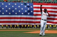 David Ortiz of the Boston Red Sox speaks during a pre-game ceremony at Fenway Park on April 20, 2013 in Boston